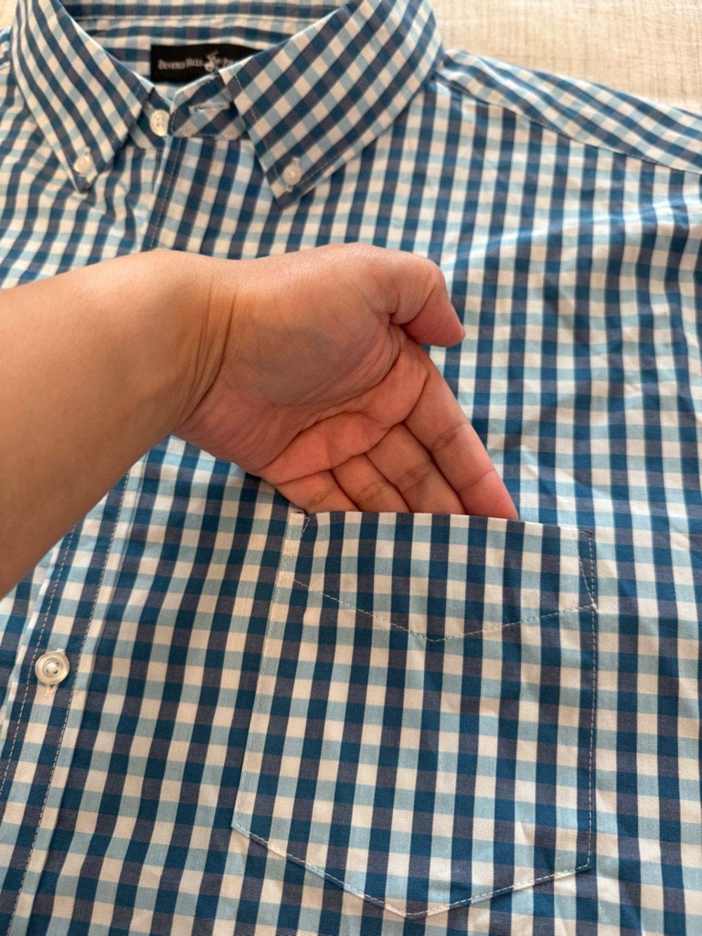 Beverly Hills Polo Club Blue & White Check Button-Down 100% Cotton Shirt - Picture 3 of 8